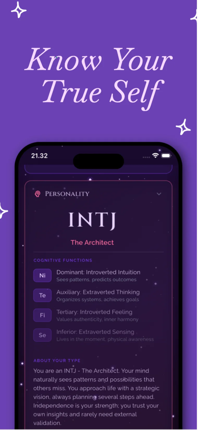 Alana AI personality mockup showing an INTJ profile