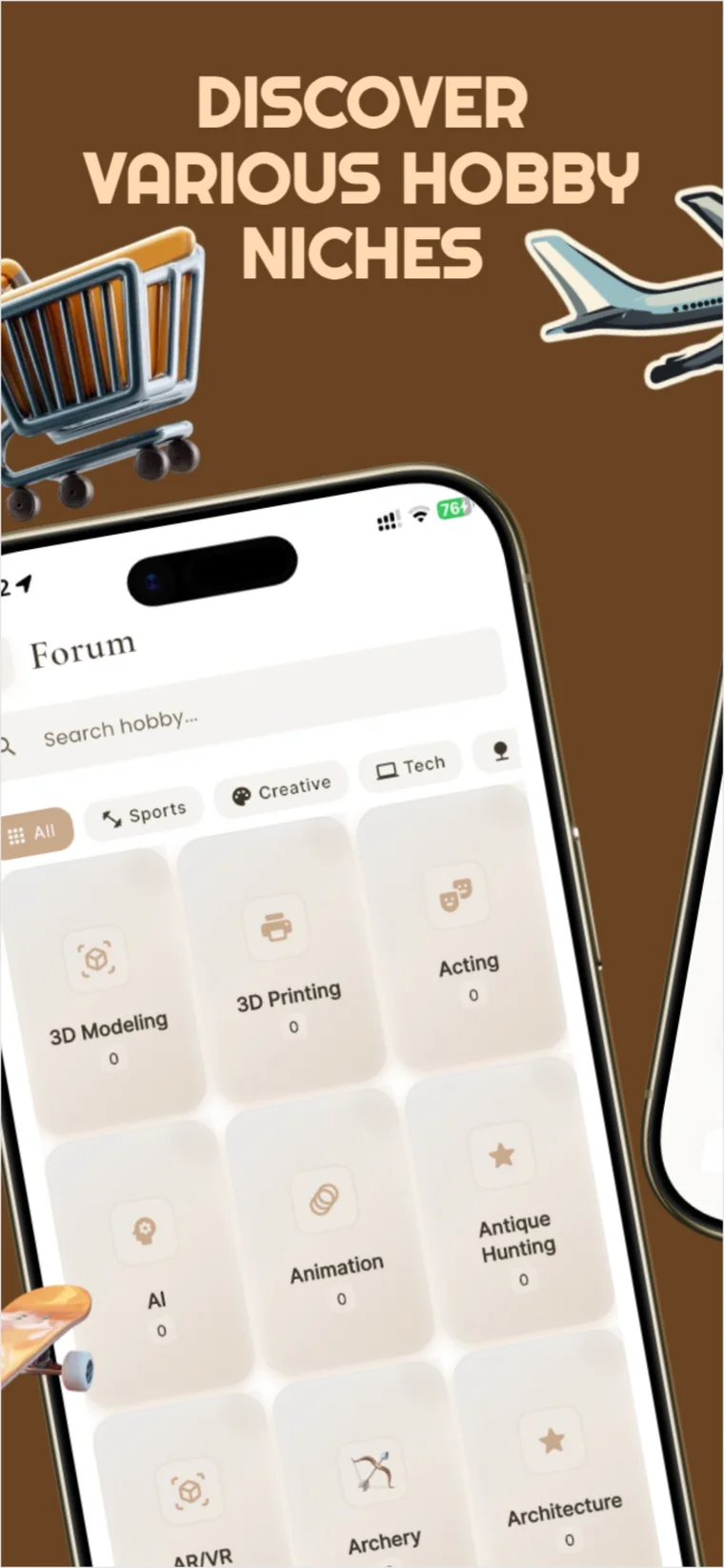 Hobbestie forum mockup showing hobby niche discovery