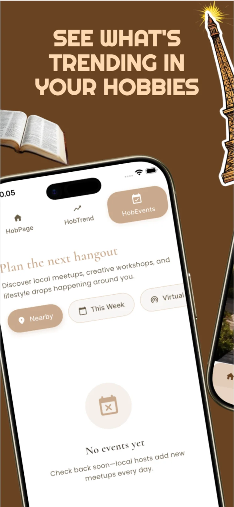 Hobbestie events mockup for trending hobbies and hangouts